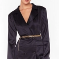 Elegant black satin blazer dress featuring a double-layered gold chain belt accessory - 19060 Gold