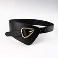 Detail of black leather wide belt showing fine stitching and iconic gold triangle buckle - Black