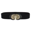 Vintage retro elastic waist belt with ornate golden filigree buckle for women's dresses - Black