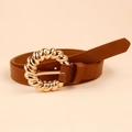 Classic dark brown PU leather belt with a golden twisted metal buckle for women - Twisted Round Buckle Style (19233 Camel)