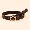 Classic black leather belt for women featuring a gold geometric buckle and white stitching - Black Double Ring Buckle (19296) / 100cm