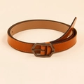 Classic brown leather belt with unique hexagonal dark grey metal buckle for women - Camel Hexagon Buckle (19289) / 100cm
