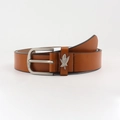 Classic brown leather belt with silver brushed buckle and leaf-shaped metal ornament - Camel Leaf Decor Pin Buckle (19299) / 100cm