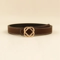 Classic brown leather belt with geometric gold buckle and white contrast stitching - Brown Double Hole Buckle (19296) / 100cm