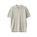 Short sleeve light beige cotton knit polo shirt featuring unique crochet wave texture - S / Apricot