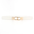 Detail of white leather belt showing lychee texture and gold interlocking square buckle - White