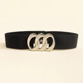 Detailed macro view of the silver triple-ring metal buckle on a black elastic wide belt - Black Silver (19439)