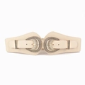 Dettaglio di cintura elastica larga beige con doppia fibbia dorata e trama a conchiglia - Beige