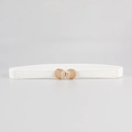 Elastic white skinny waist belt for women with elegant golden rose buckle and opal decor - White
