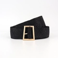 Detailed macro view of black elastic woven belt with golden rectangular pin buckle - Black