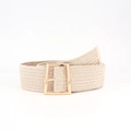 Close-up of beige woven elastic belt with a polished gold rectangular metal buckle - Off White