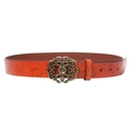 Cintura da donna in vera pelle arancione vintage con goffratura floreale e fibbia bronzo - Rosso Marrone