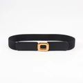 Close-up of black elastic waist belt with a golden rectangular metal buckle - Black