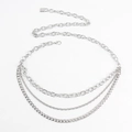 Detail view of a triple-layered silver metal waist chain with lobster clasp and tag - Silver Regular Style