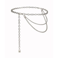 Three-layer silver waist chain with hollow bead strands and a small square lock pendant - Silver Bead Style