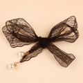 Elegant black lace waist ribbon belt with pearl pendants and sparkling crystal accents - Black Lace Style
