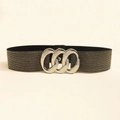 Women's wide elastic waist belt featuring a black and gold woven strap and silver buckle - Pearly Black Silver Buckle (19439)