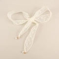 Elegant white lace bow hair accessory with delicate floral patterns and pearl pendants - White