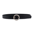 Women's black narrow leather belt featuring a golden round buckle with sparkling rhinestones - Black Round Buckle Style (HYP19502) / 100cm
