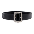 Women's black faux leather belt with sparkling rhinestone encrusted rectangular buckle - Black Rectangular Buckle Style (HYP19218) / 100cm