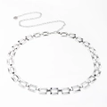 Close-up of a silver hollow rectangle link chain belt with a delicate rose flower pendant - 258 Silver