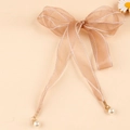 Elegant light brown organza ribbon belt with pearl charms for feminine dress styling - Pink Ribbon Style