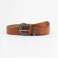 Cintura western vintage marrone con fibbia in metallo inciso argento e cuciture classiche - Cammello (19152)