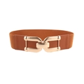 Women's wide elastic corset belt in caramel brown with decorative gold interlocking buckle - Camel