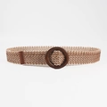 Ceinture tressée bohème pour femme avec tissage élastique brun et boucle ronde en bois - 100cm / Marron Clair Boucle Bois Ronde Style (19460)