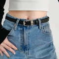 Detail of punk style black leather belt with silver square buckle and triple metal ring loops - Black (19589)
