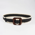 Ceinture tressée noire avec bords en zigzag beige et boucle carrée en bois foncé - 100cm / Noir Bordé Beige Boucle Bois Carrée Style (19459)