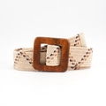 Ceinture tressée beige avec motifs géométriques colorés et boucle en bois carrée - 100cm / Motif Géométrique Coloré Boucle Bois Carrée Style (19468)