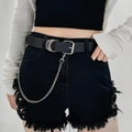 Punk style black PU leather belt with layered silver rings and detachable metal chain - Black (19558)