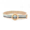 Ceinture tressée pour femme avec rayures beige et bleu et boucle ronde en bois - 100cm / Rayé Bleu Blanc Boucle Bois Ronde Style (19499)