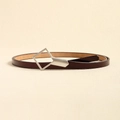 Detail of slim dark reddish-brown leather belt with silver geometric square buckle - Reddish Brown
