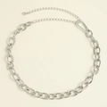 Close-up of chunky silver metal chain belt with lobster clasp and adjustable extension link - Silver