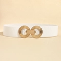 Elastic white waist belt with geometric gold metal buckle for women's dresses - White