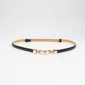 Elegant thin black patent leather belt with gold buckle and pearl accents for women - Artificial Pearl Decoration (19489 Black) / Black
