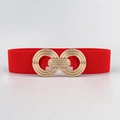 Elastic red waist belt for women with geometric gold interlocking metal buckle decoration - Red