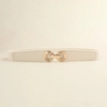 Detail of elegant cream elastic waist belt with a decorative golden interlocking buckle - Off White