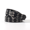 Black punk style belt with double-row metal eyelets and silver round buckle - Black (19163)