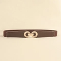 Detail view of brown elastic waist belt featuring a gold interlocking circle metal buckle - Coffee