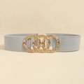 Elastic waist belt for women with silver woven strap and golden triple-ring metal buckle - Pearlescent Silver