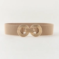 Women's stretch waist belt in light khaki with textured gold geometric metal buckle - Khaki