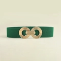 Elastic deep green waist belt for women with elegant golden double ring metal buckle - Green