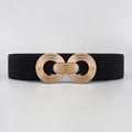 Women's black elastic wide waist belt with a golden geometric double-ring buckle - Black