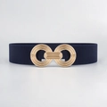 Navy blue elastic waist belt featuring a gold geometric interlocking metal buckle - Navy Blue