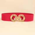 Elastic rose red waist belt with geometric golden metal buckle for women's dresses - Rose Red