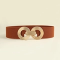 Brown elastic waist belt for women with elegant interlocking gold double ring buckle - Light Coffee