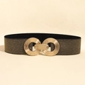 Women's black elastic waist belt with gold interlocking geometric metal buckle - Pearlescent Black